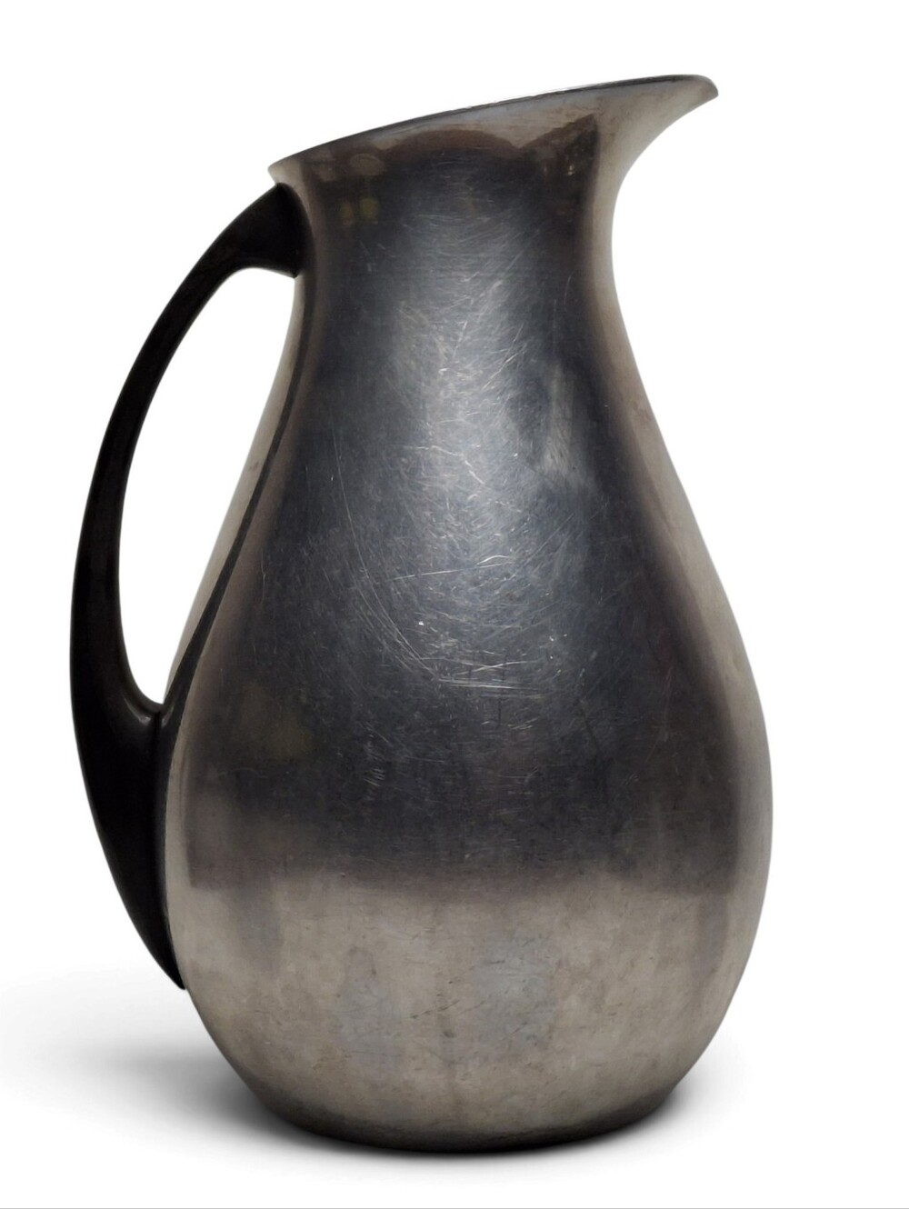 Vintage Puralum Brushed Aluminum Pitcher Water Jug Black Handle MCM Vase Italy